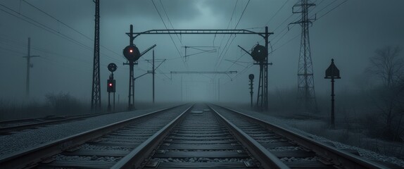 vibrant urban night scene with red light on train track