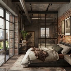 Cozy room with exposed brick, a warm blanket, and natural light. Industrial details and layered textures create a relaxed, inviting space