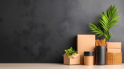 Minimalist still life featuring an assortment of storage vessels cardboard boxes wicker baskets and metallic canisters empty containers meticulously arranged on a light wooden tabletop