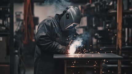 Skilled man welding metal components while wearing protective gear in an industrial workshop setting