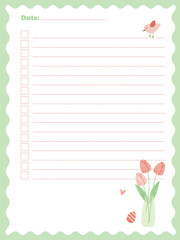 Notebook page template with a bouquet of flowers, Easter egg and bird