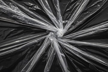 Obraz premium Transparent plastic wrap on black background. Crumpled wrinkled plastic cellophane. Reflecting light and shadow on creases and folds in plastic surface. Texture overlay effect template.