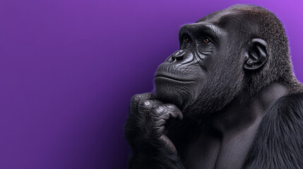thoughtful gorilla on purple background, showcasing curiosity