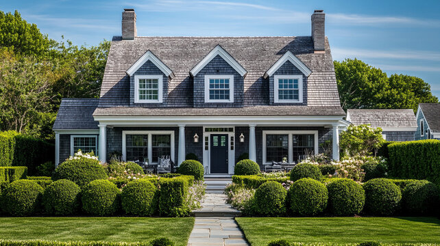Classic Cape Cod style house in gray with white accents and lush garden