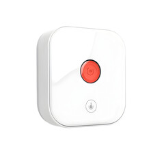 Isolated white square device with a red button and a power symbol against a black background