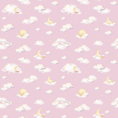 Seamless watercolor pattern with rainbow colors pastel clouds and yellow stars, and crescent moons. Illustration of background for nursery wallpaper, baby decor, textiles, or children paper.