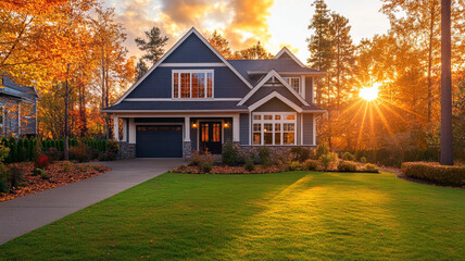 Charming single family home with gabled roof at sunset