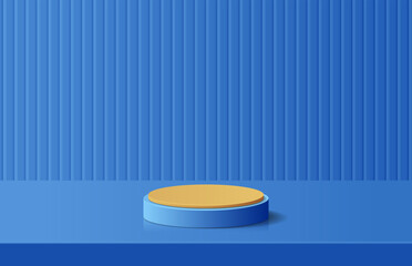 Realistic gold blue 3D cylinder podium pedestal placed on table stage display with vertical background. Minimal scene for product mockup. Podium for product presentation. Vector geometric platform.