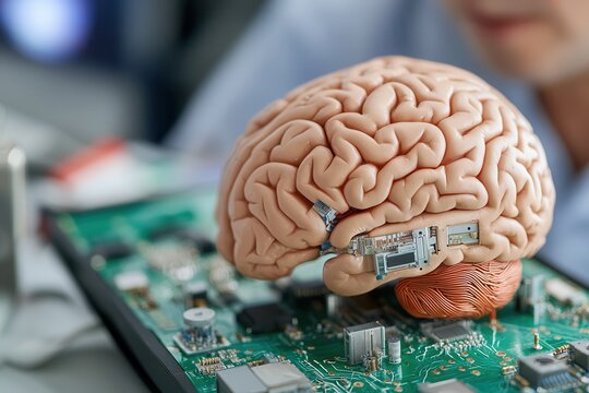 Neuroscience neural networks brain disorders research Brain model on a circuit board representing technology and intelligence.