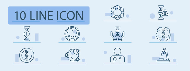 DNA science set icon. DNA, molecule, cell, brain, doctor, microscope, danger, shield, hands, virus. Medicine, lab, science, research, genome