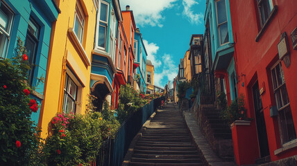 Fototapeta premium Colorful houses line steep street under bright blue sky