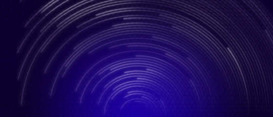 Rotating semicircle lines and hexagonal mesh on dark purple background