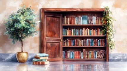 Vintage 1930s Wooden Bookshelf in Historical Setting with Sepia Tone Oil Painting Aesthetic