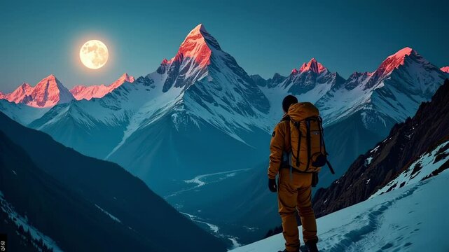 Man hiker wearing a backpack standing on a precipice looking at snowy mountains with the moon in the sky