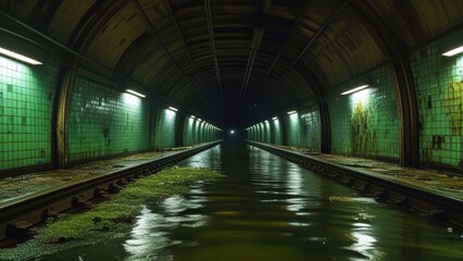 An eerie urban exploration scene of a flooded subway tunnel, greenish water reflecting flashlight beams on the arched ceilings