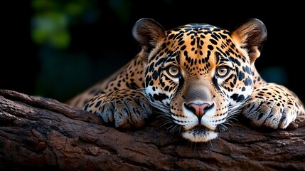 Obraz premium Majestic Jaguar Resting Calmly on Tree Branch in Natural Habitat