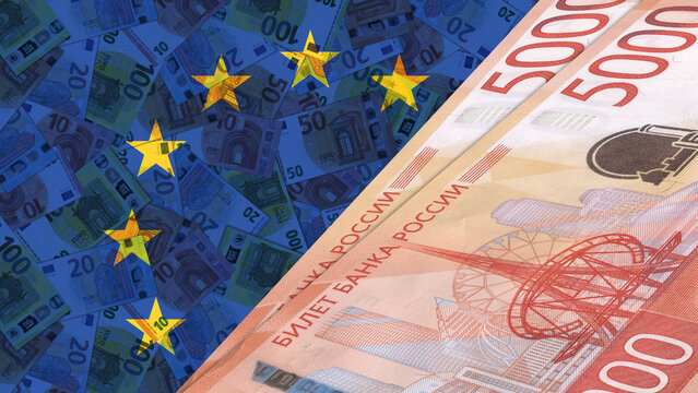 Financial illustration. Close-up of banknote 2023, 5000 new russian rubles. Scattered European Union notes, euro flag. Economics Russia and EU