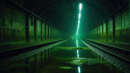 Fototapeta premium An eerie urban exploration scene of a flooded subway tunnel, greenish water reflecting flashlight beams on the arched ceilings