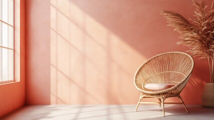 Wicker chair and pampas grass create a calming interior scene