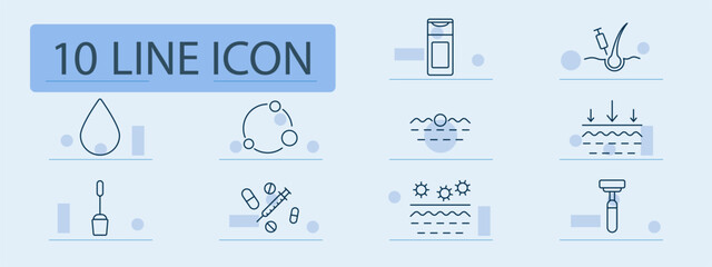 Haircare set icon. Drop, bottle, follicle, injection, structure, capsule, sunlight, absorption, hydration, molecule, serum, therapy, medicine, brightness, shine, care, protection