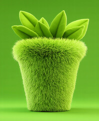 Bright green plant in pot covered in soft, fuzzy fur. Unique blend of nature and fantasy