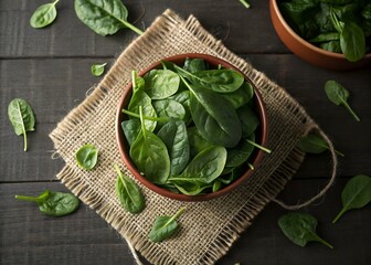 Fresh Spinach Leaves in Rustic Wooden Bowl