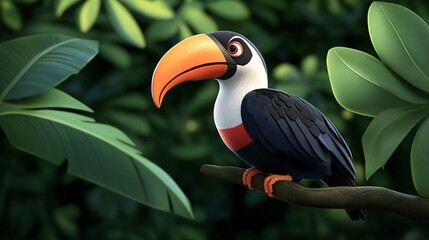 Naklejka premium Colorful Toucan Perched on a Branch Surrounded by Green Foliage