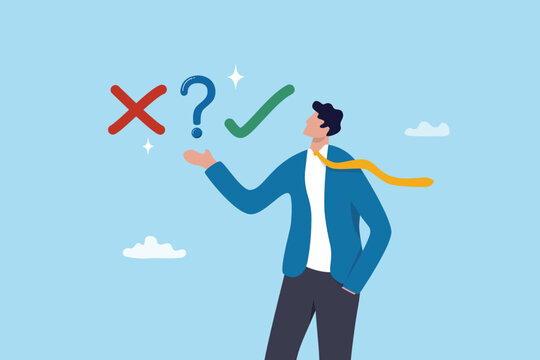 Decision making right or wrong, decide or determination to solve problem, solution, choice or choosing pathway, thinking or challenge for result concept, businessman choosing right or wrong decision.