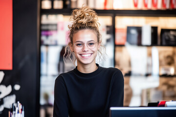A young blonde woman with her hair in a bun smiles warmly while standing in a cosmetics store, surrounded by shelves filled with beauty products and a bright, modern interior.
