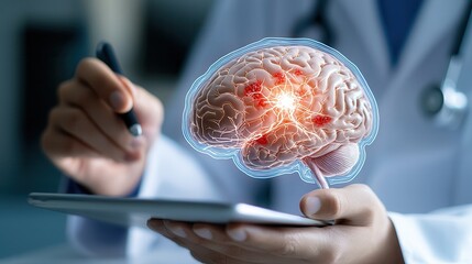 Neuroscience neural networks brain disorders research Medical professional examining a digital brain model on a tablet.
