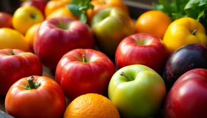 Close-up of a variety of ripe fruits and vegetables on display, vegetables, fruit, market