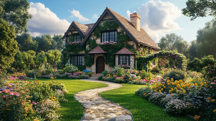 Charming cottage with lush flower garden and stone path under sunny sky