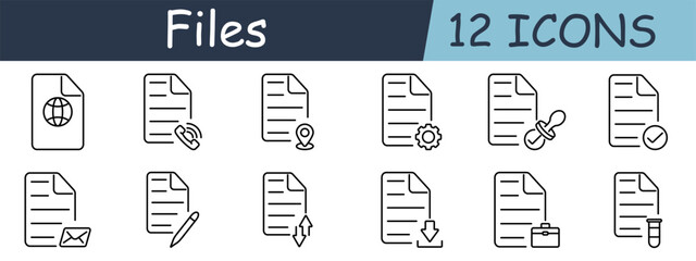 Files set icon. Globe, phone, marker, gear, pacifier, checkmark, mail, pen, arrows, download, briefcase, tube
