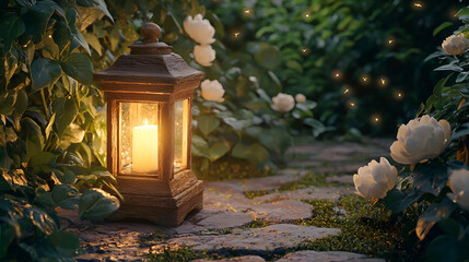 Glowing Lantern: Serene garden pathway with a vintage lantern, candlelit amidst lush greenery and white roses.