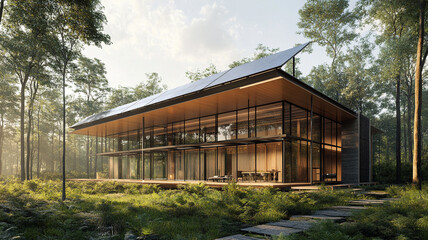 Modern eco friendly house with solar panels in forest setting