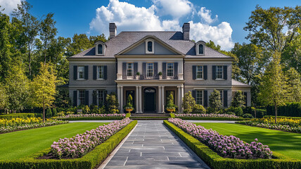 Fototapeta premium Elegant colonial style house with symmetrical facade and lush garden