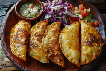 Guatemalan dobladas fried corn tortillas filled with cheese and served with cabbage slaw and