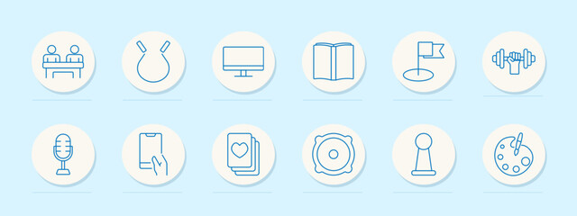 Education set icon. Classroom, fitness, flag, book, monitor, palette, mic, reading, podcast, card, activity, creativity, art, game, test, student, school, identity