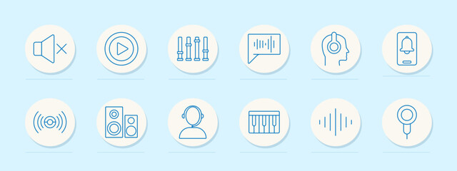 Audio set icon. Volume, mute, headphones, waveform, equalizer, speaker, podcast, music, microphone, stream, sound, record, alert, ringtone, echo, broadcast, listen