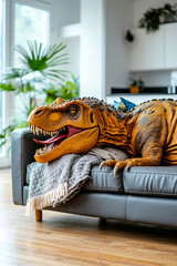 A large dinosaur laying on top of a couch in a living room