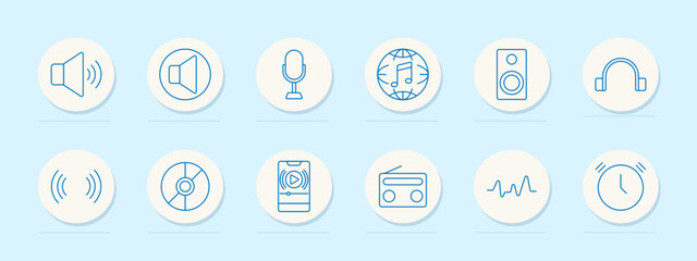 Audio device set icon. Volume, mute, microphone, speaker, headphones, waveform, music, broadcast, disk, radio, player, timer, global sound, signal, equalizer