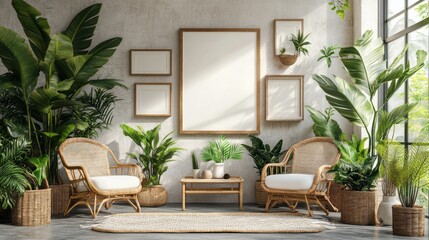 Fototapeta premium Interior features a botanical arrangement with wicker furniture and frames