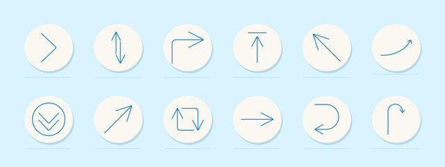 Directional arrows set icon. Right, vertical, corner, up, diagonal, curve, circle, down, square, forward, rotate, return, navigation