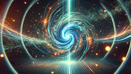 Obraz premium Swirling cosmic vortex with glowing energy beams and sparkles, creating a dynamic, abstract sci-fi space scene full of motion..