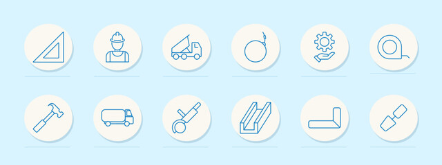 Fototapeta premium Construction elements set icon. Ruler, builder, dump truck, wire reel, gear, tape, hammer, tank, cutter, beam, angle, joint