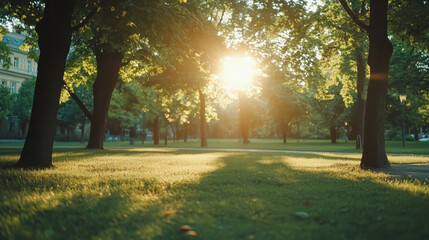 Naklejka premium Sunrise casts golden light through trees in a serene park setting during early morning hours