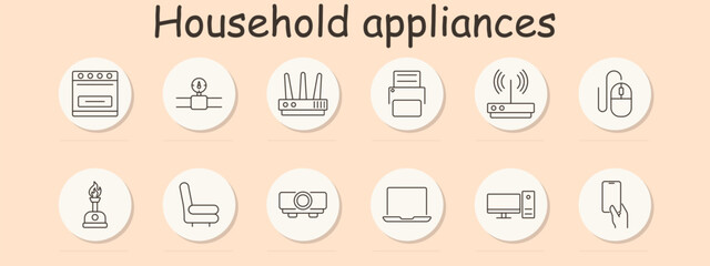 Household appliances set icon. Oven, socket, router, printer, modem, mouse, burner, chair, projector, laptop, pc, phone