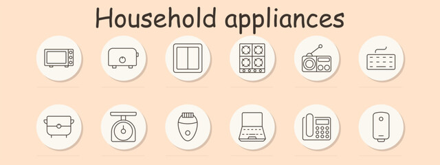 Appliance set icon. Microwave, toaster, switch, stove, radio, keyboard, cooker, scale, epilator, laptop, phone, boiler, illustrating tech, tools, home essentials