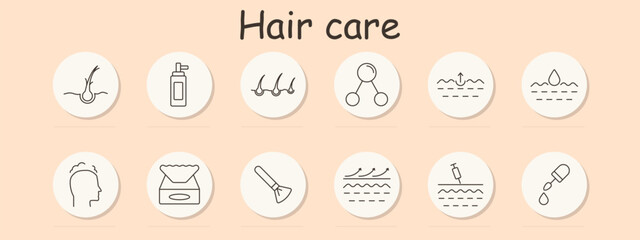 Fototapeta premium Hair care set icon. Root, spray bottle, growth cycle, molecules, absorption, hydration, scalp, tissue box, brush, waves, serum, moisture, supporting hair treatment
