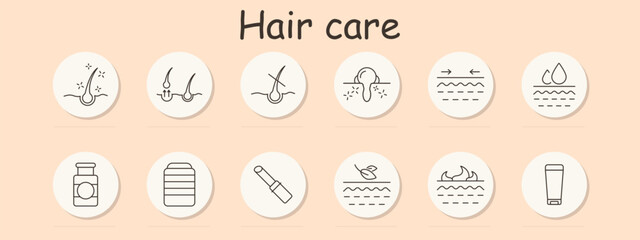 Fototapeta premium Hair care set icon. Follicle, scalp, moisture, serum, oil drop, bottle, container, brush, leaf, foam, cleanser, cream, nourishing products and treatment stages